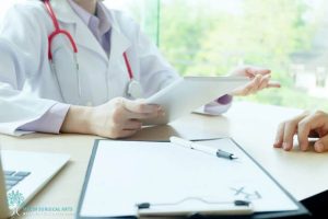 A doctor is talking to a patient at a desk.