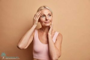 A woman in a pink top posing with her hands on her face.