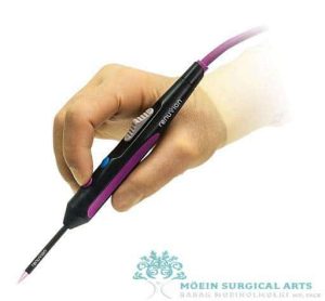 A hand holding a pink and purple syringe.