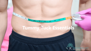 A man measuring his waist for tummy tuck essentials.